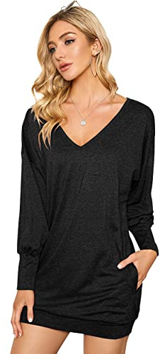 ZANZEA Women Casual Loose Long Sleeve Jumpers Tops Baggy V Neck Pullover Blouse Tunic Sweatshirt Mini Dress Plain Solid Black XXL