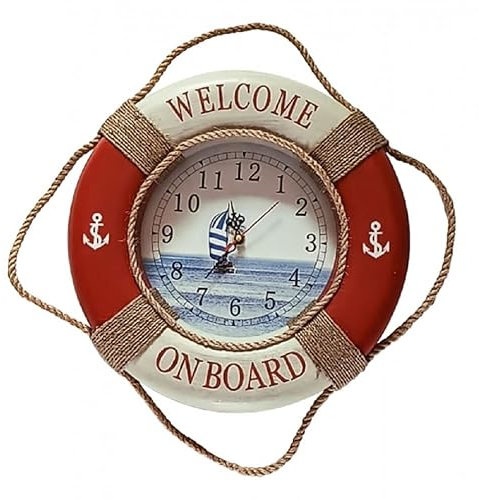 linoows Wanduhr im Rettungsring, Maritime Uhr Rot/Weiß Welcome On Board 35 cm