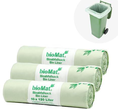 bioMat Sac Poubelle Compostable 120l, 30 Sacs pour Poubelle Déchets Organiques, Poubelle Recyclage, Fabriqué en Allemagne