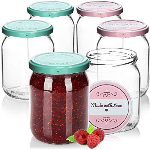 com-four® 6x Einmachgläser mit Schraub-Deckel Made with love in grün und rosa - TO Ø 82 mm - empfohlene Füllmenge ca. 490 ml - bis Glasrand: ca. 540 ml