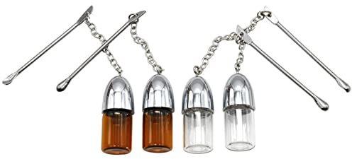 Vigcebit 4 Boîte À Pilules en Métal avec Flacon en Verre avec Cuillère, Porte-clés Porte-Pilule, Pilulier en Verre, Bouteilles D'Médicaments pour Le Camping en Plein Air