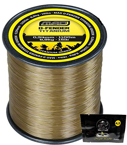 D A M MAD D-Fender Titanium Monofil Schnur bis 1600m - Monofilschnur Angelschnur 0,28-0,40mm + 2er Pack Mantikor Knicklichter