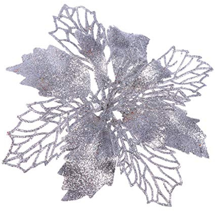 12 Piezas Brillo Artificial Flores de Pascua Flores de Navidad Adornos de Flores de árbol de Navidad (Plata)