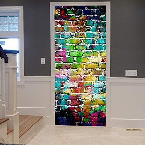 A.Monamour Türtapete Selbstklebend Türfolie Türposter 3D Bunter Gemalter Hintergrund Druck Der Graffiti Backsteinmauer Ziegelwand Vinyl Folie Türdeko Tapete Wandbild Türaufkleber Türtattoo 77 x 200 cm