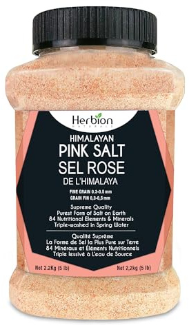 Herbion Naturals Himalayan Pink Salt - Fine Grain Supreme Quality - 5 lb. (2.2 Kg) Unbreakable Jar - Kosher Certified - GMO-Free - Chemical-Free – Vegan