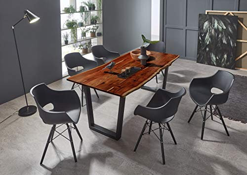 SAM 7tlg. Essgruppe Quila, Baumkantentisch 200x100 cm, Akazienholz nussbaumfarben & massiv, V-Gestell Mattschwarz, 6X Schalenstuhl Lea in Schwarz