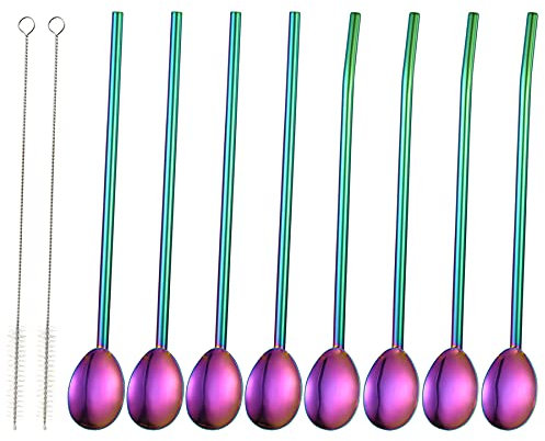 Bulckrew 8pcs Strohhalm Löffel, Trinkhalm Löffel Edelstahl poliert, Bunt