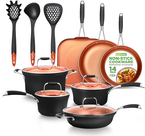 NutriChef 14-Piece Nonstick Kitchen Cookware Set – PFOA/PFOS-Free, Copper/Hard-Anodized, Induction Compatible, Stackable, Luxury Design, Includes Pots, Pans, Jumbo Cooker, Griddle, and Utensils