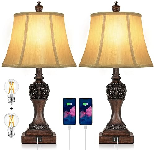 Set of 2 Touch Control 3-Way Dimmable Table Lamps with 2 USB Charging Ports Traditional Bedside Lamps with Bell Shape Faux Silk Shade & Brown Base for Bedroom Nightstand Living Room LED Bulbs Included