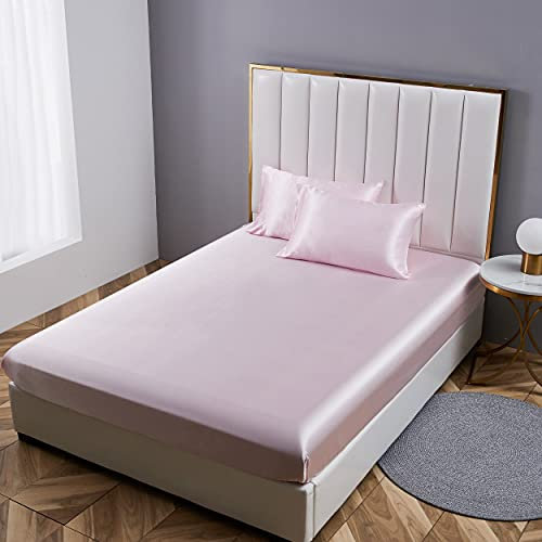 Damier Spannbettlaken 140x200cm Rosa Satin Seide Glänzend Bettlaken Hochwertiges Deluxe Unifarben Spannbetttuch, geeignet für Matratzen bis 30cm