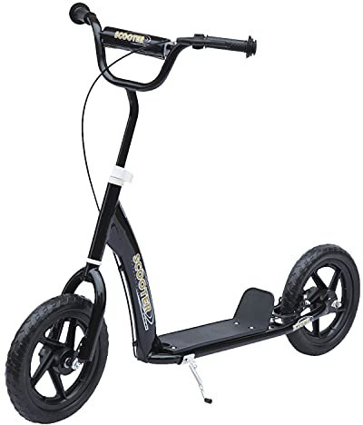 HOMCOM Kinderroller Scooter Tretroller mit verstellbarem Lenker, großen Rädern und Hinterbremse Kickscooter 12 Zoll Cityroller für 5-12 Jahren Jungen und Mädchen Stahl Schwarz