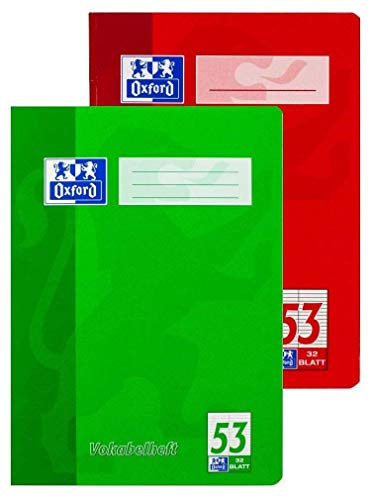 Oxford 100050336 Vokabelheft Schule 10er Pack im Format A4 mit 2 Spalten 32 Blatt sortiert rot und grün & Hefthülle A4, transparent, 25er Pack