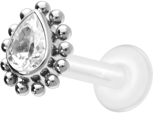 PIERCINGLINE PTFE Labret mit Innengewinde | TITAN AUFSATZ KRISTALLTROPFEN | Piercing Lippe Nase Ohr Helix | Farb & Größenauswahl