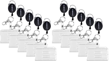 WEBBOMB® 10er-Set Ausweishalter Kartenhülle Ausweishülle 10x Kartenhalter aus Hartplastik für Ausweise & Karten mit reißfester 70 cm Ausweis JoJo-Schnur Karabiner Schlüsselring + Metall Gürtelclip