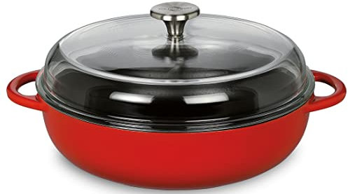 Küchenprofi PROVENCE Gusseisenpfanne rund emailliert rot/innen schwarz | 28 cm | mit hohem Glasdeckel | für alle Herdarten, inkl. Induktion geeignet | Schmortopf | Bräter mit Deckel