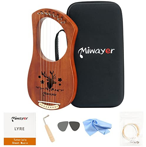 Miwayer Lyre Harfe 7, 10, 16, 19, 21 Saiten Musikinstrument Mahagoni Körperharfe braun Rentier Totem Profi Saiteninstrument mit Zubehör und Etui (braun 7 Saiten)