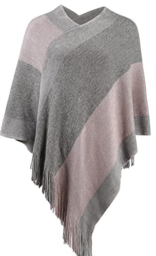 Fomolom Women's Elegant Knitted Shawl Poncho with Fringed V-Neck Striped Sweater Pullover Cape Gifts for Women Mom Grey