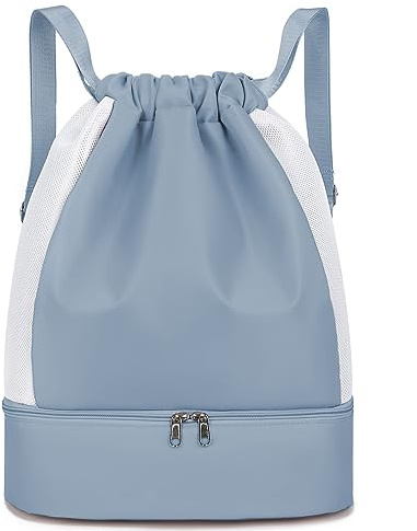 Keyck Gym Bag Drawstring Daypack, Vattentät Ryggsäck Med Skofack och Våtutrymme, Stor Sportväska för Kvinnor Män Tonåringar, Gympapåse Träningsväska för Sportresor Simning Fotboll, Blå