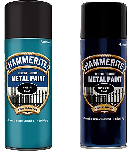 Hammerite 5084778 Metal Paint: Satin Black 400ml (Aerosol) & Direct to Rust Metal Paint Aerosol Smooth Black Finish 400ML