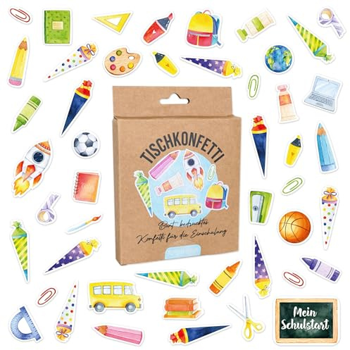 Papierdrachen 200 Bunt bedruckte Konfetti für die Einschulung - Hurra Schulkind! - einzigartige Tischdekoration für die Einschulungsparty - Aquarell - Set 1