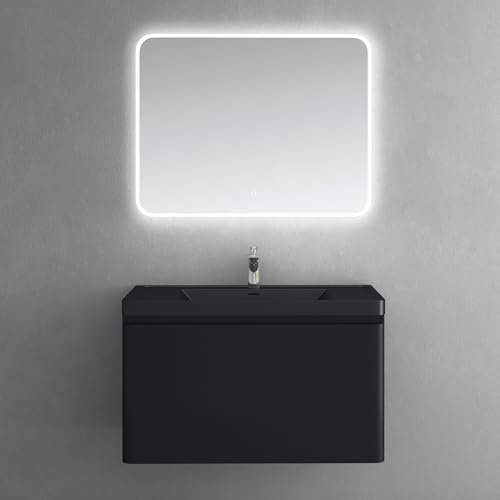 doporro Badmöbel-Set Waschbeckenunterschrank Waschtisch mit Unterschrank Wandmontage in matt schwarz, BTH: 90x48x50 cm, inkl. Mineralguss-Waschbecken und LED-Badspiegel Ancona