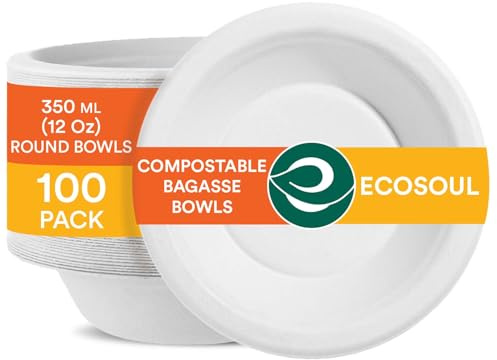 ECO SOUL Papierschalen 350 ml(12oz) suppenschalen einweg, 100 Pack (weiß) | Aus Bagasse hergestellt, 100% kompostierbar & plastikfrei, Mikrowellen & gefriergeeignet, Auslaufsicher und extra stabil