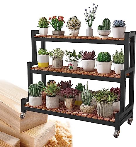 Estantería Storage Para Macetas, Escalera Para Flores De Metal Interior Y Exterior 2 Estantes 3 Estantes Estante De Plantas Con Ruedas, Estantería Planta Estante Para Suculentas ( Color : Black-A , Si