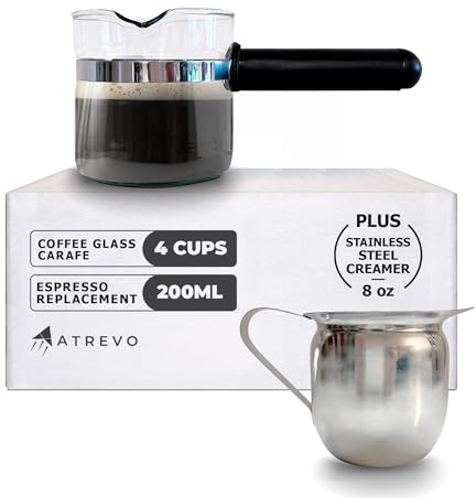 ATREVO Glass Espresso Coffee Replacement Carafe - 4 Cup (200 ml). Fits Most Espresso Machines & Coffee Makers. PerfectPour Technology. PLUS Stainless Steel Creamer (8oz).