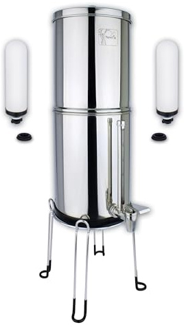 NEWTON Premium Schwerkraft-Wasserfiltersystem mit Fluoridentfernung | 6l Kapazität | Komplettes System mit 2 x Filterkerzen, Edelstahlständer und Sichtglashahn