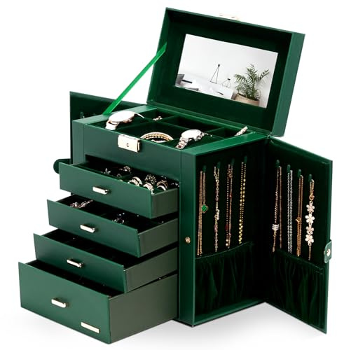 Homde Synthetic Leather Huge Jewelry Box Mirrored Watch Organizer Necklace Ring Earring Storage Lockable Gift Case (Forest Green + Gold)