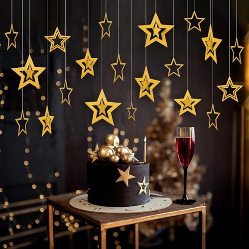 LANMOK 35pcs Sparkling Golden Star Shaped Ceiling Dangling Decor for Christmas Xmas Winter Wonderland New Year Party