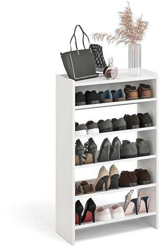 KOMTO Schuhregal Schmal - Schuhablage Flur mit 5 Ebenen Offener Schuhschrank Schuh Organizer Platzsparend | Elexis Weiß 60 x 25 x 98 cm