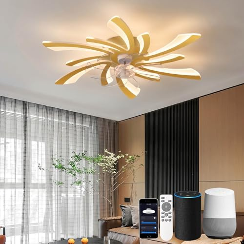 KeLuKes Silent Ceiling Fans with Lights Compatible with Alexa and Google Assistant, 78cm Bedroom Ceiling Fan with Lamp, Dc Motor, Timer Memory Function Reversible Dimmable Ceiling Fan Light, Gold