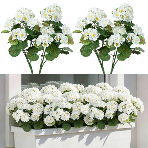 Laelfe Falska pelargoner för utomhusbruk, konstgjorda konstgjorda blommor pelargon utomhus balkong uteplats kyrkogård planteringsupphängning bordsdekoration (vit-2 st)