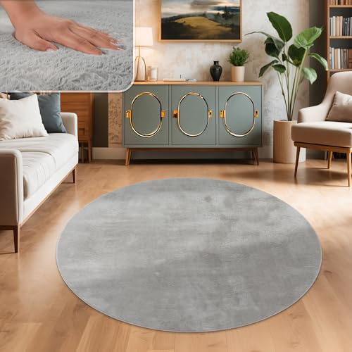 Paco Home Teppich Wohnzimmer Kunstfell weich waschbar modern elegant pflegeleicht Felloptik Uni Seidenglanz flauschig Hochflor, Grösse:Ø 100 cm Rund, Farbe:Grau
