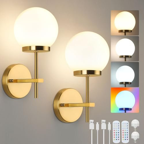 Lightsjoy Wireless Wall Sconces Set of 2 Glass Wall Lights Battery Operated 5000mAh Rechargeable Wall Lamp Battery Powered RGB White Colors Dimmable Remote Control Wall Light for Bedrooms,Gold-Short