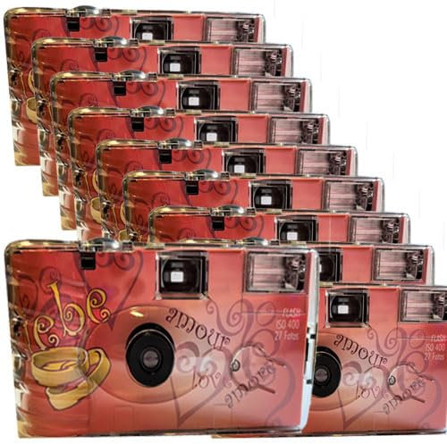 Lot de 10 appareils photo jetables 1A PORST Edition Amore & Liebe avec cœurs, avec flash, piles et film (lot de 10, 27 prises chacune)