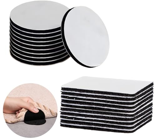 20 Pairs Rug Gripper, Carpet Grippers for Rugs on Top of Carpet, Hook and Loop Rug Pads Non Curl Reusable, Carpet Stickers for Rugs, Anti Slip, for Laminate Floor and Wooden Floors-Square&Round
