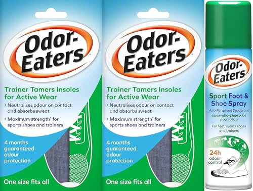 Odor-Eaters Trainer Tamers Insoles x 2 Plus Sport Foot & Shoe Spray 150 ml Bundle