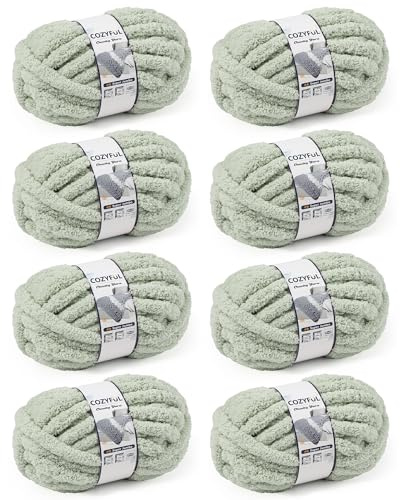 Cozyful Grobes Garn zum Handstricken, #9 dickes Jumbo-Garn zum Häkeln, Super Grobstrick-Deckengarne, große Chenille-Garne, 8 Stück (30 m pro Strang), Salbeigrün