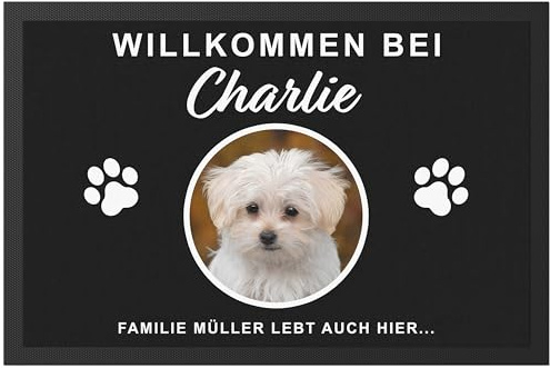 Fußmatte Hund personalisiert mit Namen als Einzugsgeschenk für Innen | Personalisiert, aus Polyester mit Gummi-Rückseite, 60 x 40 cm, Einweihungsgeschenk Wohnung, Hundemotiv