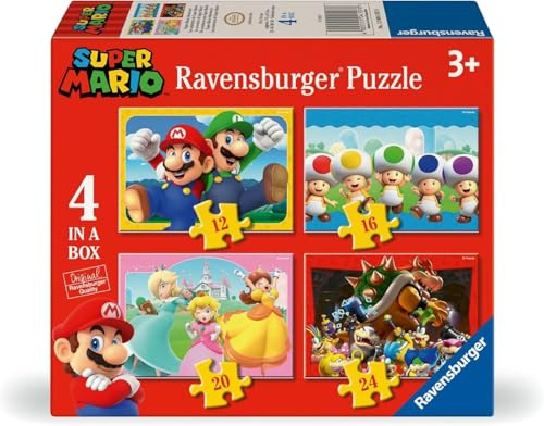 Ravensburger - Puzzle Bambini 4 Anni 4 in a box, Super Mario - Puzzle 4 Anni, Collezione Super Mario, Include 4 Puzzle 12-16-20-24 Pezzi Progressivi, Giochi Educativi, Idee Regalo
