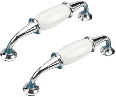 2 Pack Ceramic Handles European Style Vintage Drawer Handles Cabinet Door Handles Cupboard Handles Wardrobe Handles Furniture Handles Zinc Alloy Kitchen Door Knobs (Bright Chrome+White,Pitch:96mm)