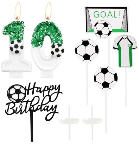 OKYUK Football Birthday Candle 10th, Football Candles for Cake, Glitter Green White 10 Candle, Soccer Cake Topper Happy Birthday, for Boys Birthday Party, Football Activities, Anniversary Supplies