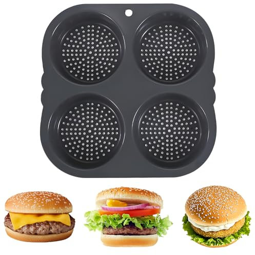 Molde de silicona para hamburguesas, moldes antiadherentes de 4 cavidades para hornear pan casero, sándwich de pan, 9.3 x 9.3 x 1.6 pulgadas, gris
