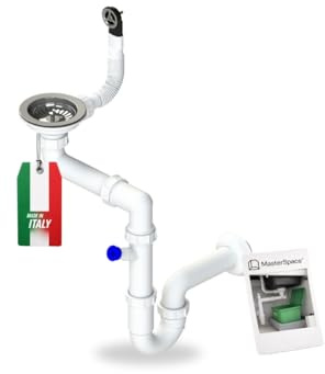 GRANMASTER Siphon Küchenspüle Manuelle 1-Kammer Raumsparsiphon - Ablaufgarnitur für Spüle - rechteckiger Überlauf - Anschluss an der Unterseite: 1 1/2 Siebkorb Excenterventil 3 1/2 - 30x25x35cm