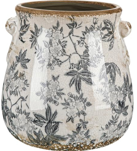 Ninehaoou Ceramic Scroll Planter 6.5 Inch Chinoiserie Floral Vase with Drainage Holes Vintage Flower Vase Flower Pot Rustic Ceramic Pots for Indoor Plants Garden Home Bookshelf Decor(Retro Gray)