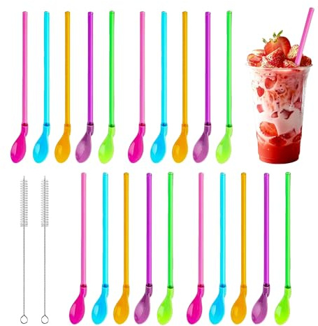 Tidora 20 Stück Löffelstrohhalme, 2-in-1 Trinkhalme mit Löffel für Slush Ice, Cocktails, Smoothies & Milchshakes, Bunte wiederverwendbare Kunststoff-Strohhalme für Partys & Sommer
