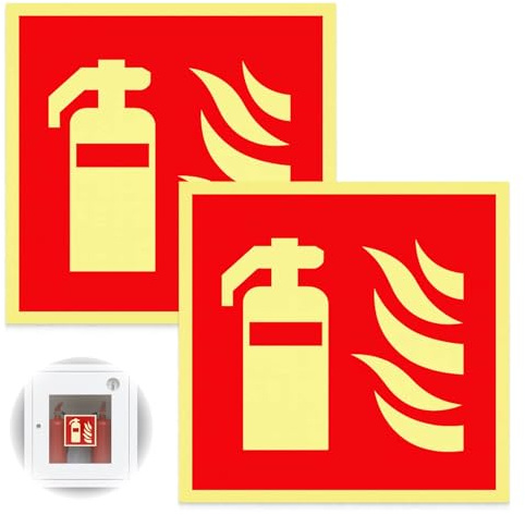 2 carteles luminosos de extintor de incendios, 15 x 15 cm, PVC, autoadhesivos, señales de seguridad según ISO para casa, oficina, construcción, coche
