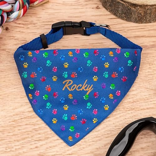 Wanapix | Personalisierbares Hunde-Halstuch| Mit Namen oder Foto Personalisieren | Verstellbares Bandana für Hunde und Katzen | Blau| Pfotenabdrücke